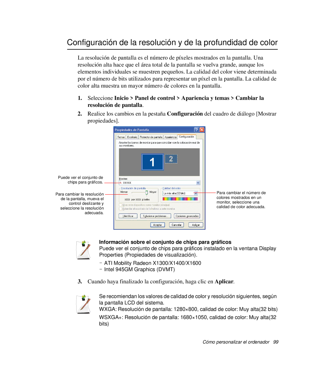 Samsung NP-X60C000/SEP, NP-X60C000/SES, NP-X60CV01/SEP manual Configuración de la resolución y de la profundidad de color 