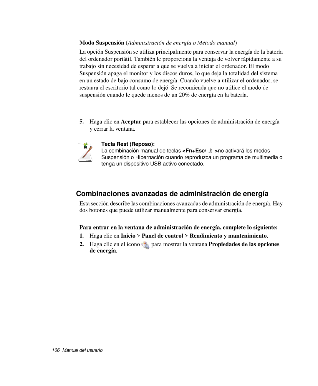 Samsung NP-X60C000/SEP, NP-X60C000/SES manual Combinaciones avanzadas de administración de energía, Tecla Rest Reposo 