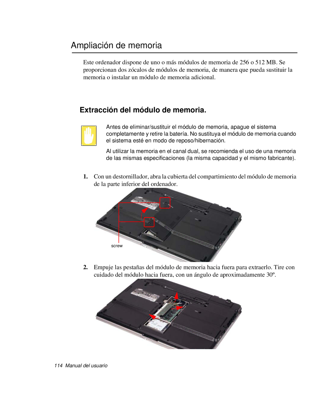 Samsung NP-X60C000/SES, NP-X60CV01/SEP, NP-X60KV00/SES manual Ampliación de memoria, Extracción del módulo de memoria 