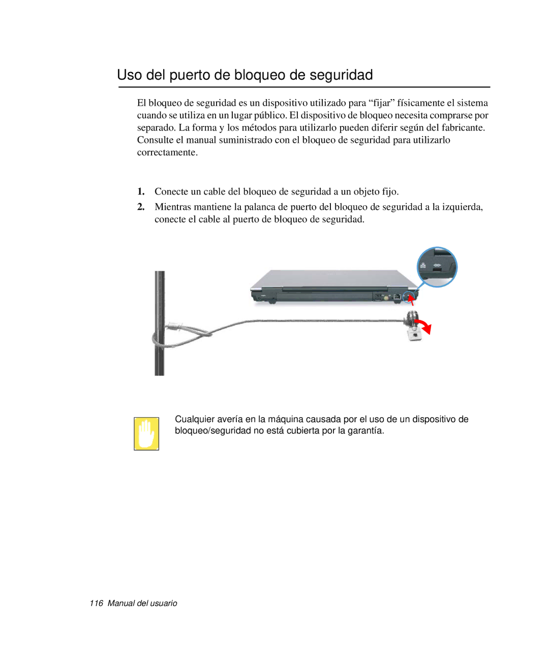 Samsung NP-X60KV00/SES, NP-X60C000/SES, NP-X60CV01/SEP, NP-X60K000/SES, NP-X60CV01/SES Uso del puerto de bloqueo de seguridad 