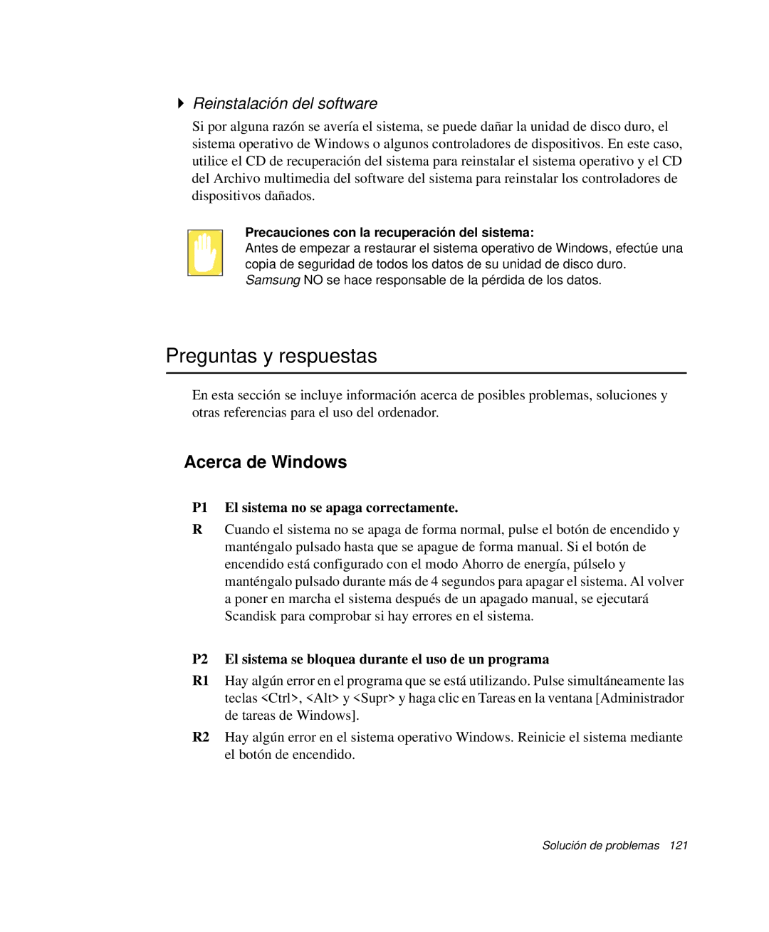 Samsung NP-X60C000/SES, NP-X60CV01/SEP manual Preguntas y respuestas, Acerca de Windows, Reinstalación del software 