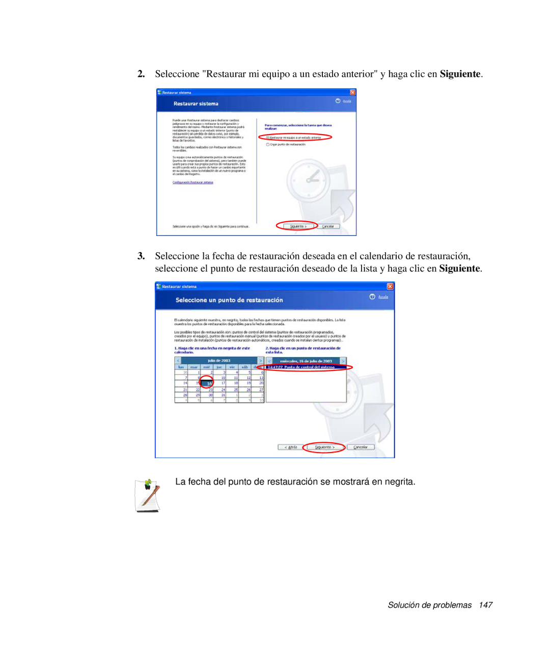 Samsung NP-X60CV02/SES, NP-X60C000/SES, NP-X60CV01/SEP manual La fecha del punto de restauración se mostrará en negrita 