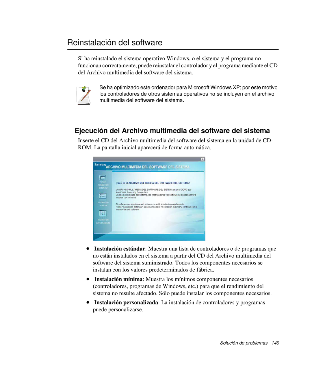 Samsung NP-X60C000/SES manual Reinstalación del software, Ejecución del Archivo multimedia del software del sistema 