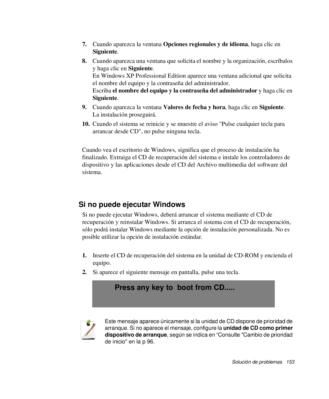 Samsung NP-X60CV01/SES, NP-X60C000/SES, NP-X60CV01/SEP manual Si no puede ejecutar Windows, Press any key to boot from CD 