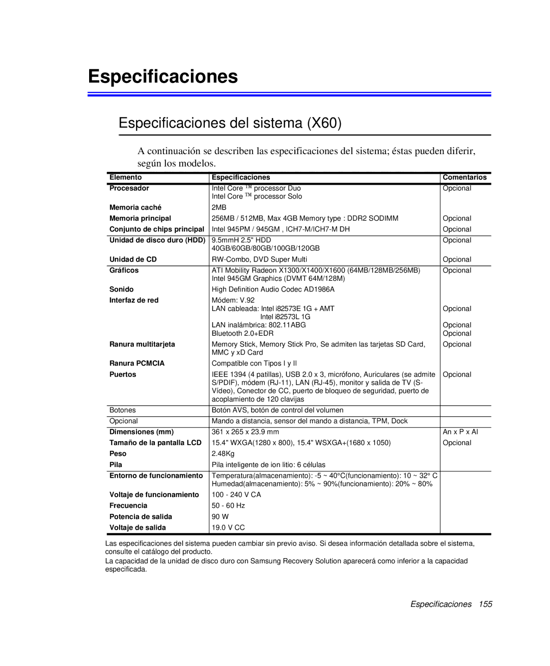 Samsung NP-X60C000/SEP, NP-X60C000/SES, NP-X60CV01/SEP, NP-X60KV00/SES, NP-X60K000/SES manual Especificaciones del sistema 