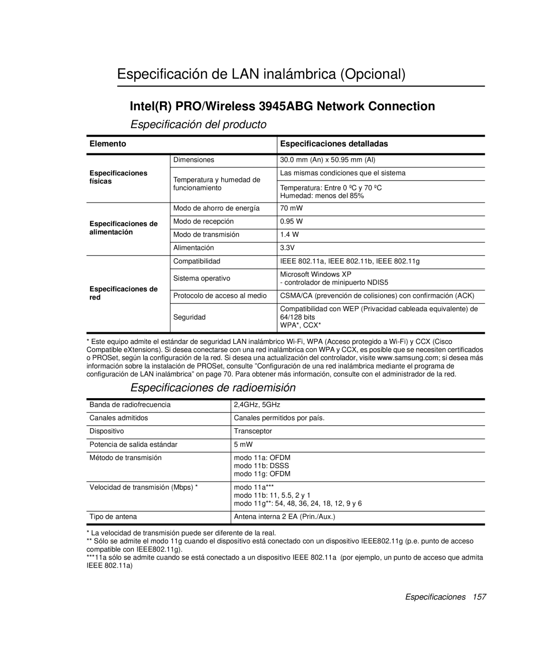 Samsung NP-X60CV01/SEP manual Especificación de LAN inalámbrica Opcional, IntelR PRO/Wireless 3945ABG Network Connection 