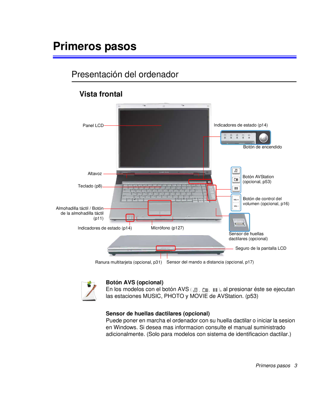 Samsung NP-X60CV01/SEP, NP-X60C000/SES manual Primeros pasos, Presentación del ordenador, Vista frontal, Botón AVS opcional 