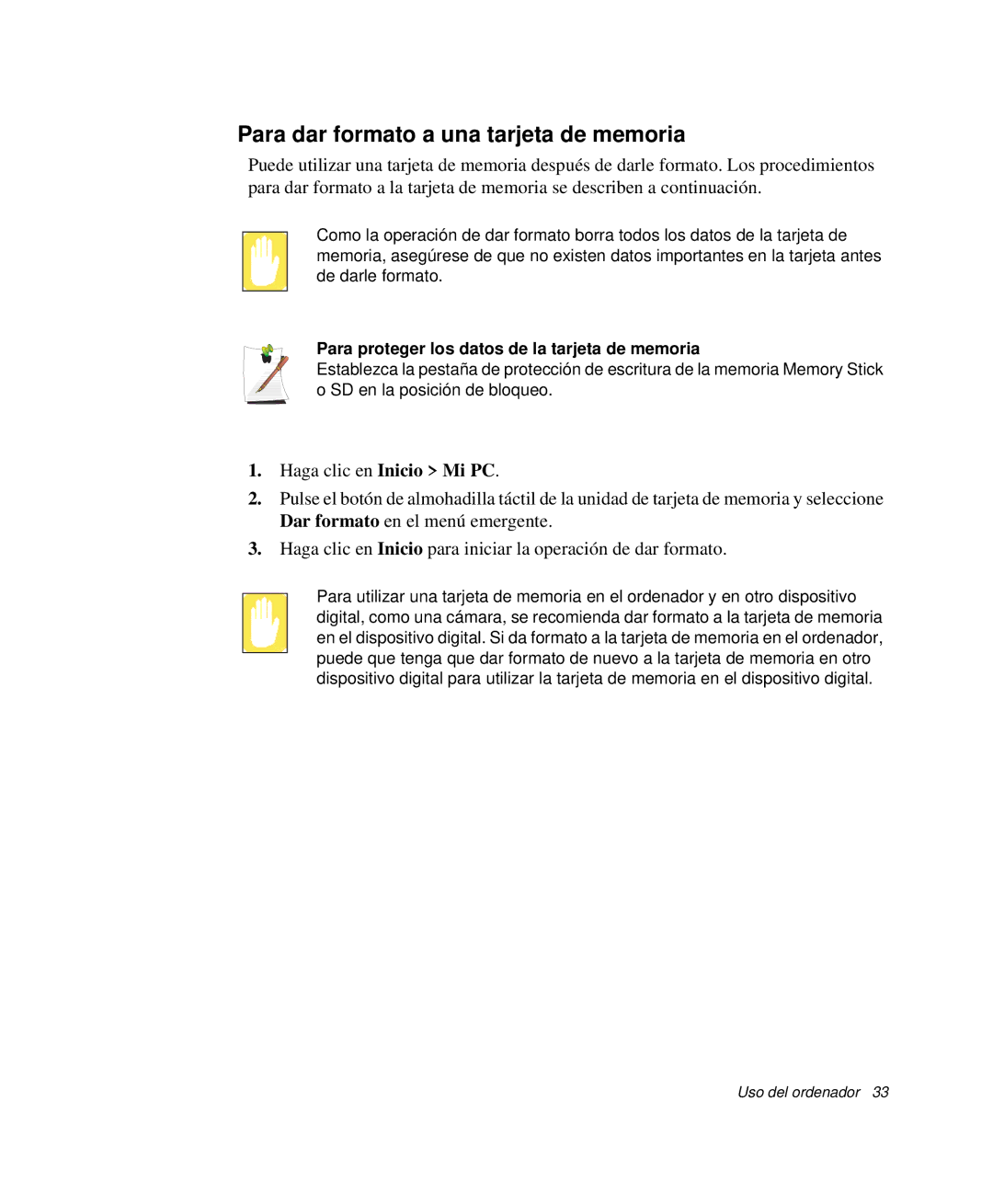 Samsung NP-X60K000/SES manual Para dar formato a una tarjeta de memoria, Para proteger los datos de la tarjeta de memoria 