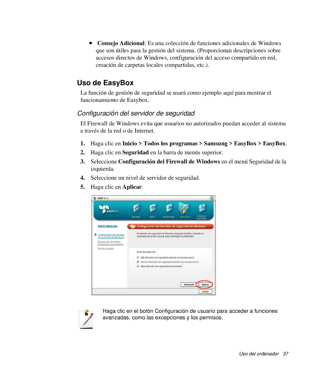 Samsung NP-X60C000/SES, NP-X60CV01/SEP, NP-X60KV00/SES manual Uso de EasyBox, Configuración del servidor de seguridad 