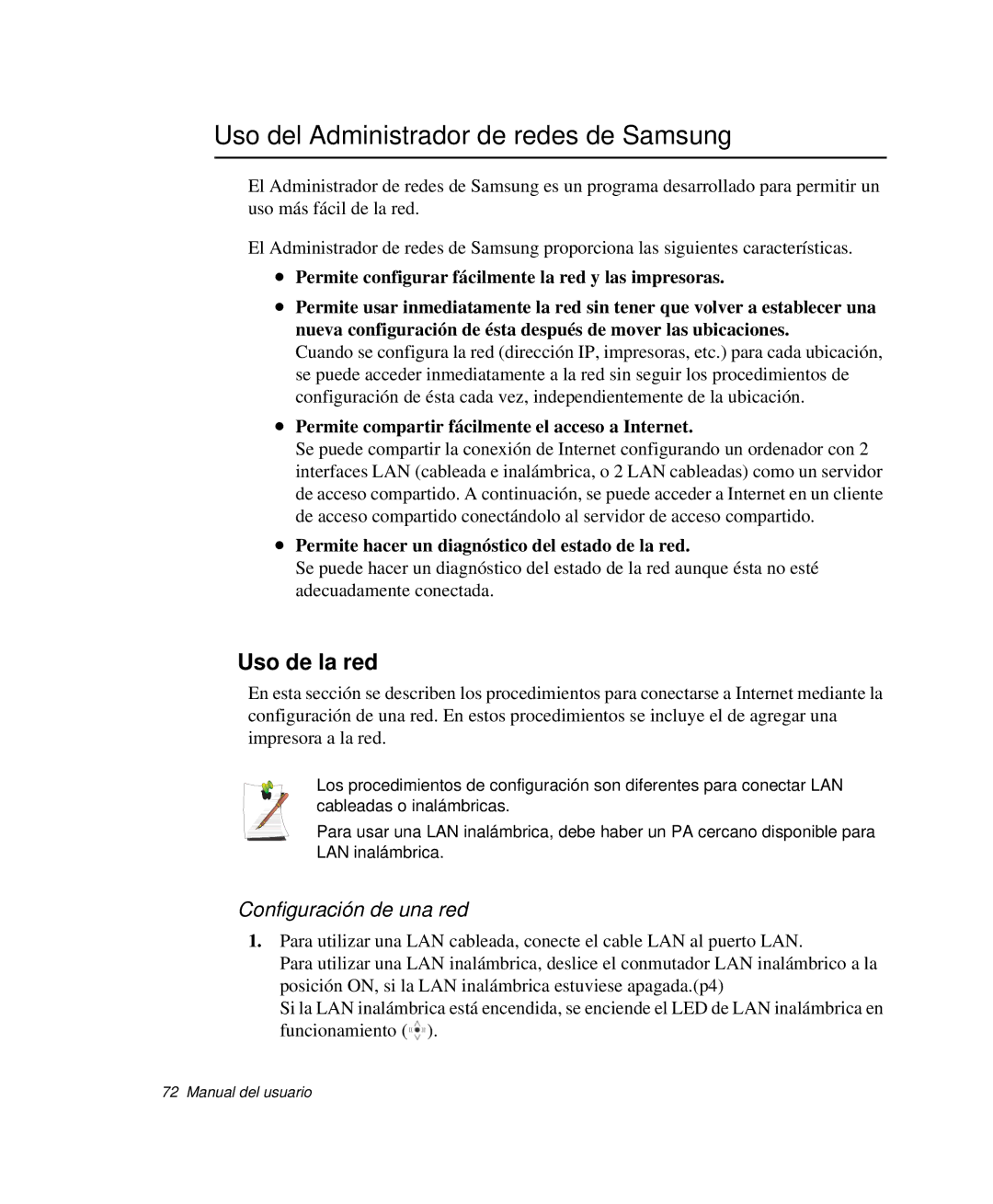 Samsung NP-X60C000/SES, NP-X60CV01/SEP Uso del Administrador de redes de Samsung, Uso de la red, Configuración de una red 