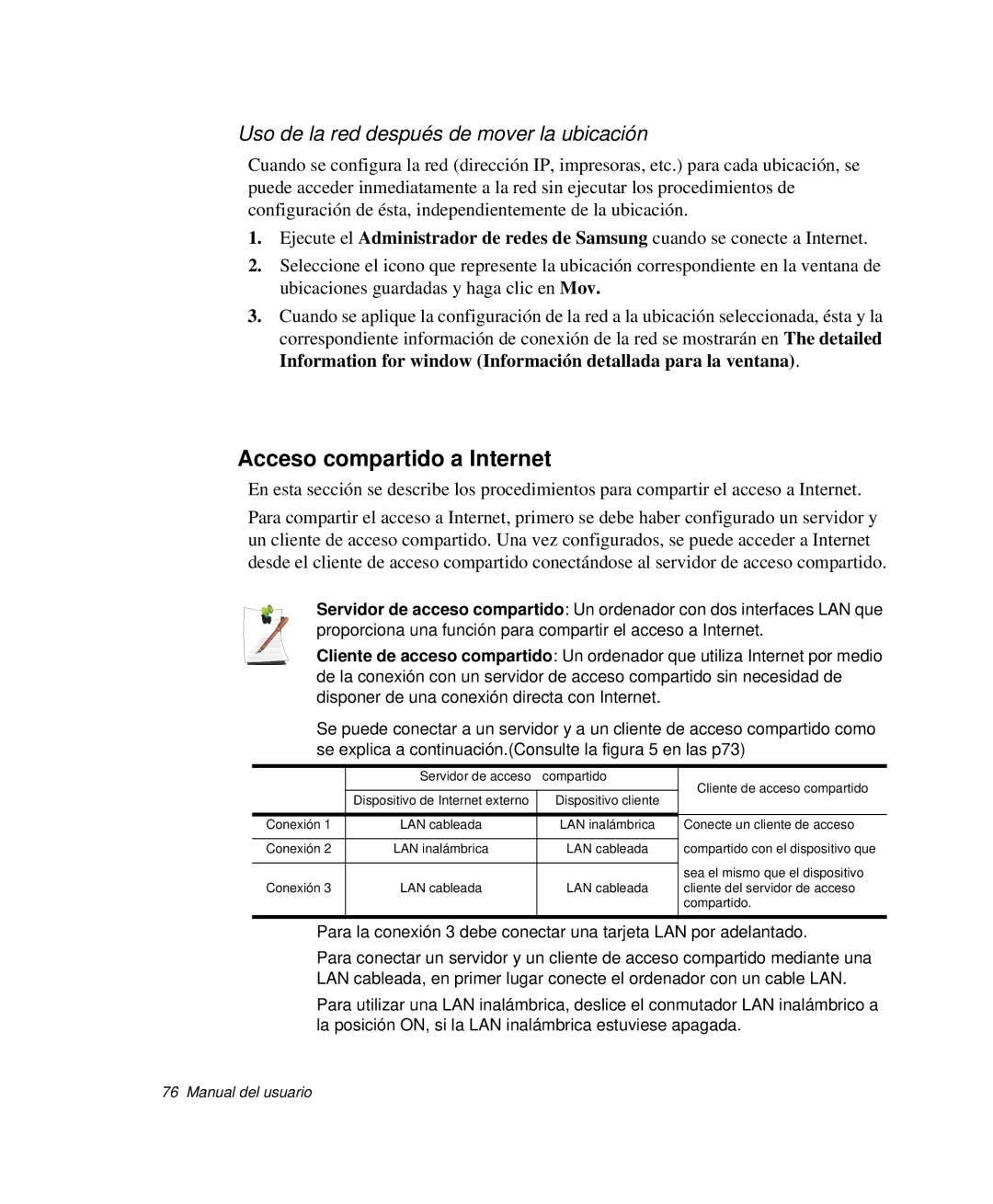 Samsung NP-X60CV01/SES, NP-X60C000/SES manual Acceso compartido a Internet, Uso de la red después de mover la ubicación 