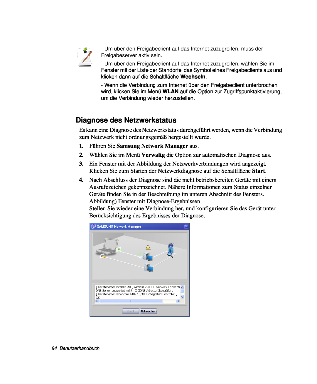 Samsung NP-X60TV01/SEG, NP-X60TV02/SEG manual Diagnose des Netzwerkstatus, 1. Führen Sie Samsung Network Manager aus 