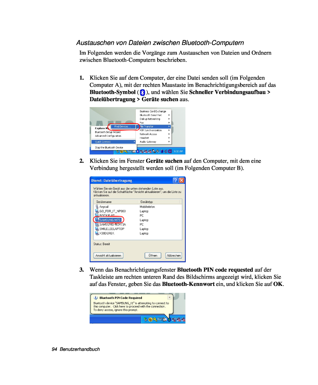 Samsung NP-X60CV01/SEG, NP-X60TV02/SEG manual Austauschen von Dateien zwischen Bluetooth-Computern, Benutzerhandbuch 