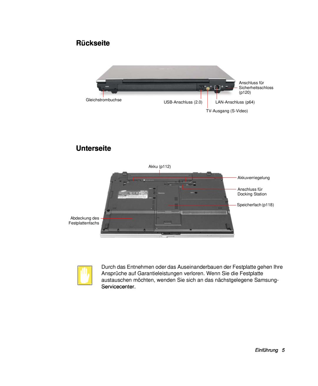 Samsung NP-X60CV02/SEG, NP-X60TV02/SEG, NP-X60K000/SEG, NP-X60CV01/SEG manual Rückseite, Unterseite, Sicherheitsschloss 