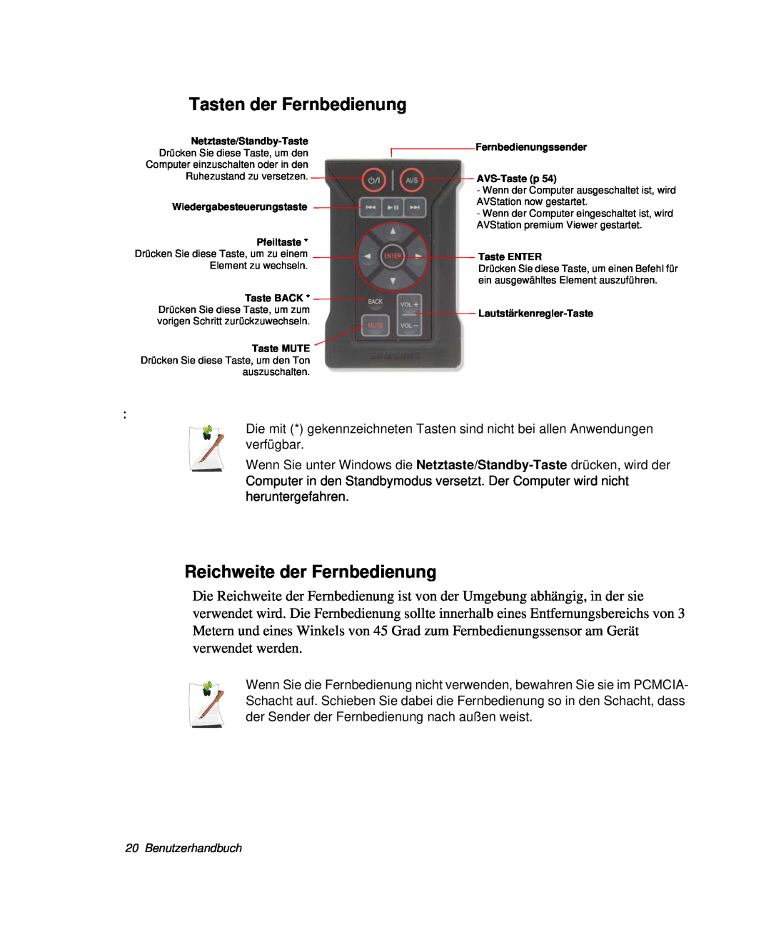 Samsung NP-X60KV00/SEG, NP-X60TV02/SEG manual Tasten der Fernbedienung, Reichweite der Fernbedienung, Benutzerhandbuch 