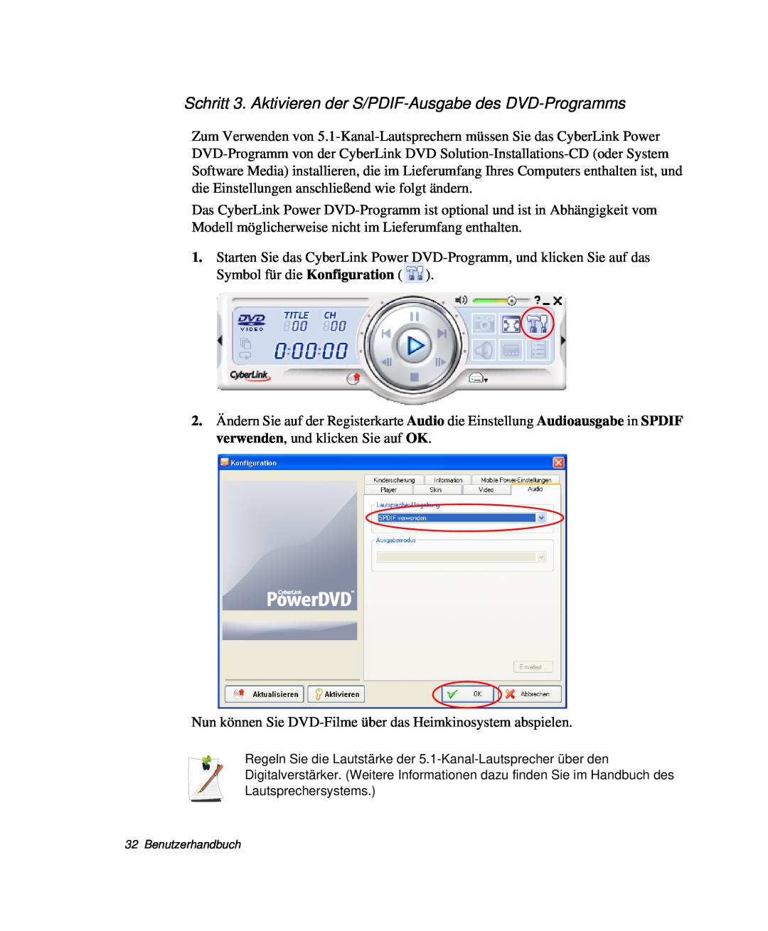 Samsung NP-X60TV03/SEG, NP-X60TV02/SEG, NP-X60K000/SEG manual Schritt 3. Aktivieren der S/PDIF-Ausgabe des DVD-Programms 