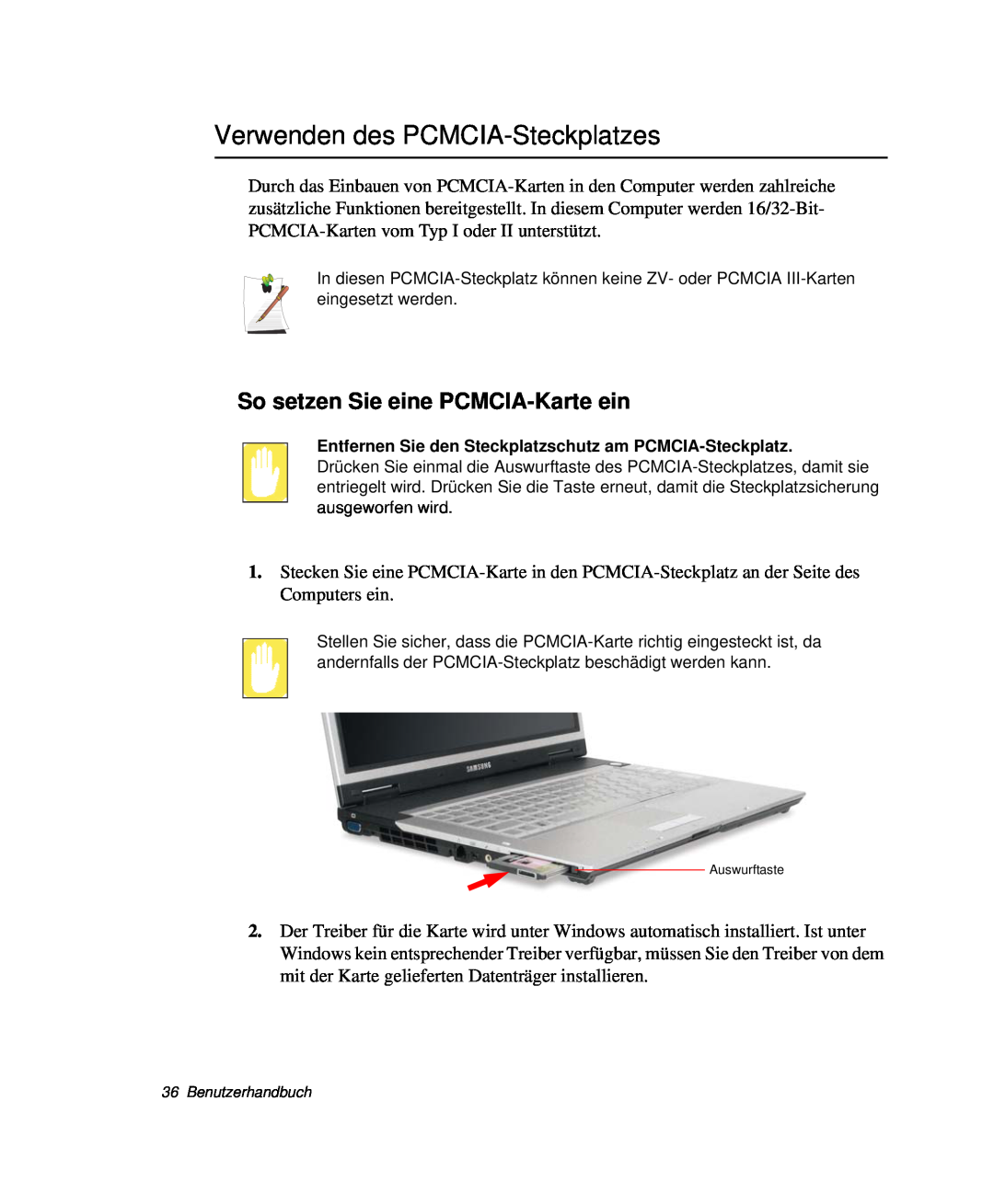 Samsung NP-X60TV02/SEG, NP-X60K000/SEG manual Verwenden des PCMCIA-Steckplatzes, So setzen Sie eine PCMCIA-Karte ein 
