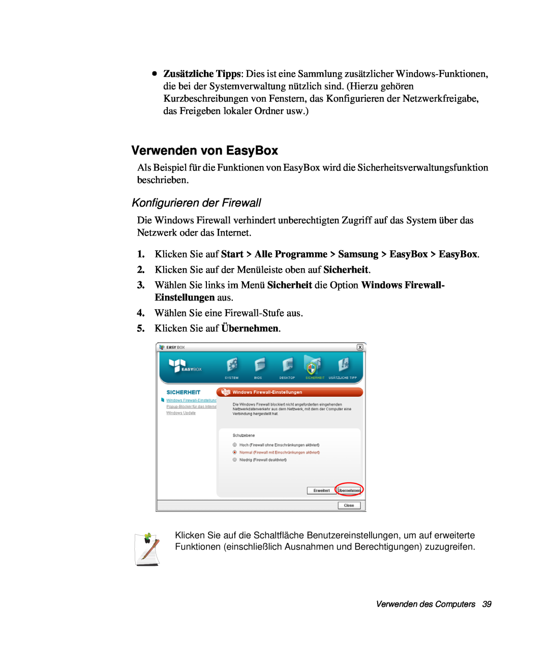 Samsung NP-X60C000/SEG manual Konfigurieren der Firewall, Klicken Sie auf Start Alle Programme Samsung EasyBox EasyBox 