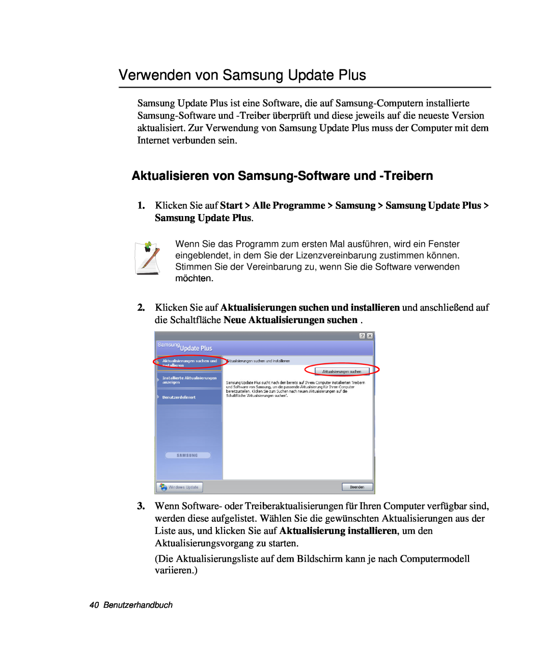 Samsung NP-P60T001/SEG, NP-X60TV02/SEG Verwenden von Samsung Update Plus, Aktualisieren von Samsung-Software und -Treibern 