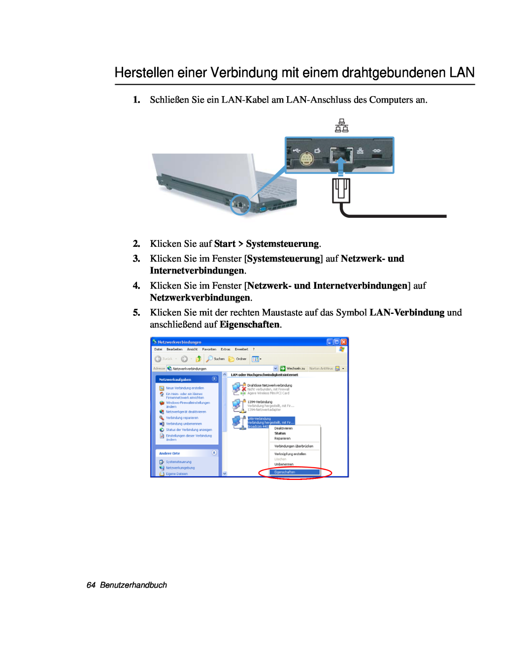 Samsung NP-X60TV02/SEG Herstellen einer Verbindung mit einem drahtgebundenen LAN, Klicken Sie auf Start Systemsteuerung 