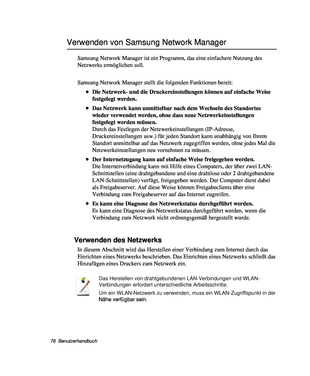 Samsung NP-X60KV00/SEG, NP-X60TV02/SEG, NP-X60K000/SEG manual Verwenden von Samsung Network Manager, Verwenden des Netzwerks 