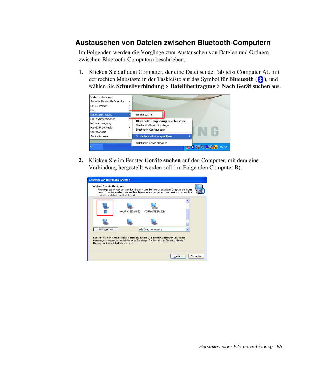 Samsung NP-X60CZ00/SEG, NP-X60TZ01/SEG, NP-X60TZ02/SEG, NP-X60TZ03/SEG Austauschen von Dateien zwischen Bluetooth-Computern 