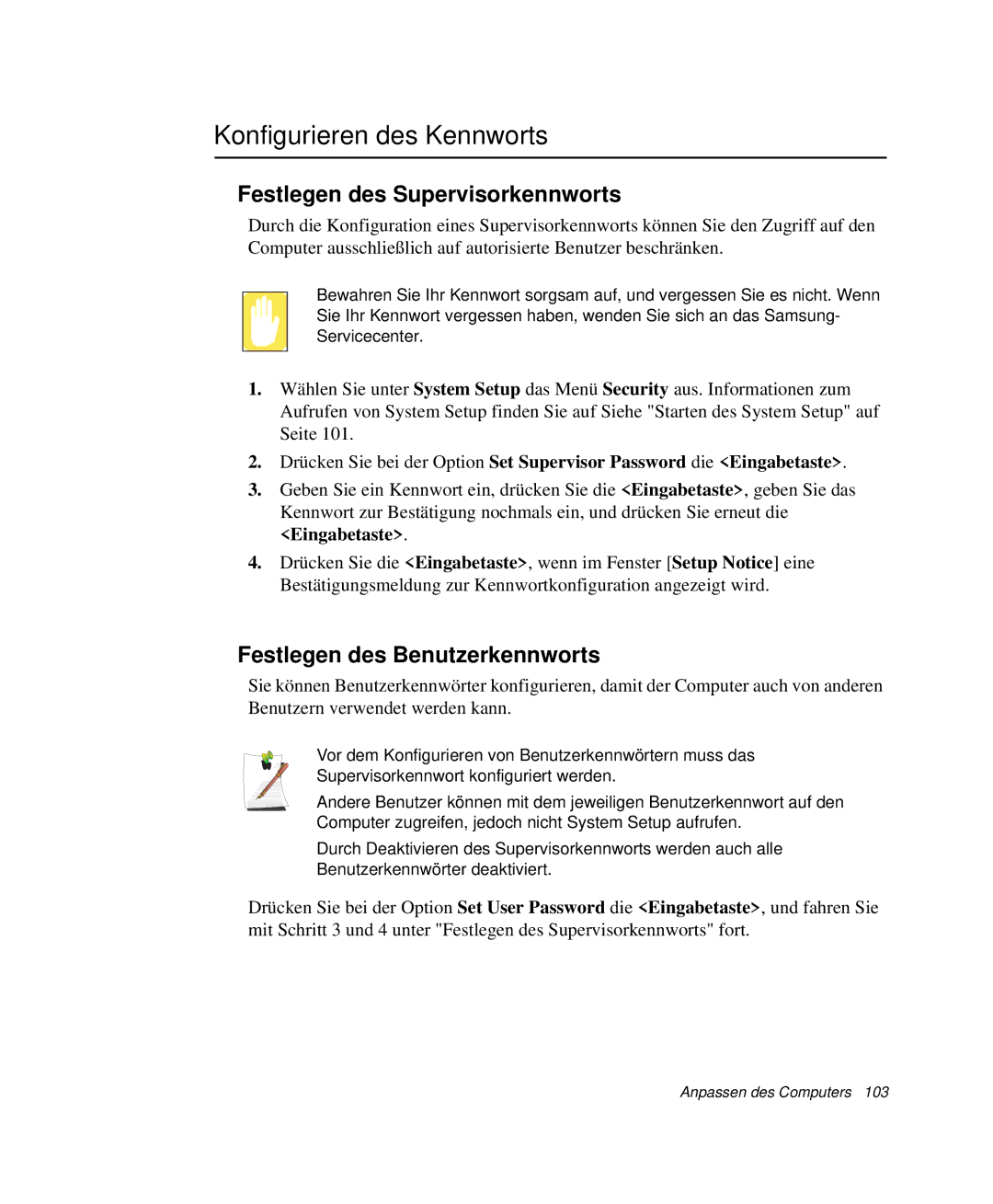 Samsung NP-X60CZ00/SEG Konfigurieren des Kennworts, Festlegen des Supervisorkennworts, Festlegen des Benutzerkennworts 