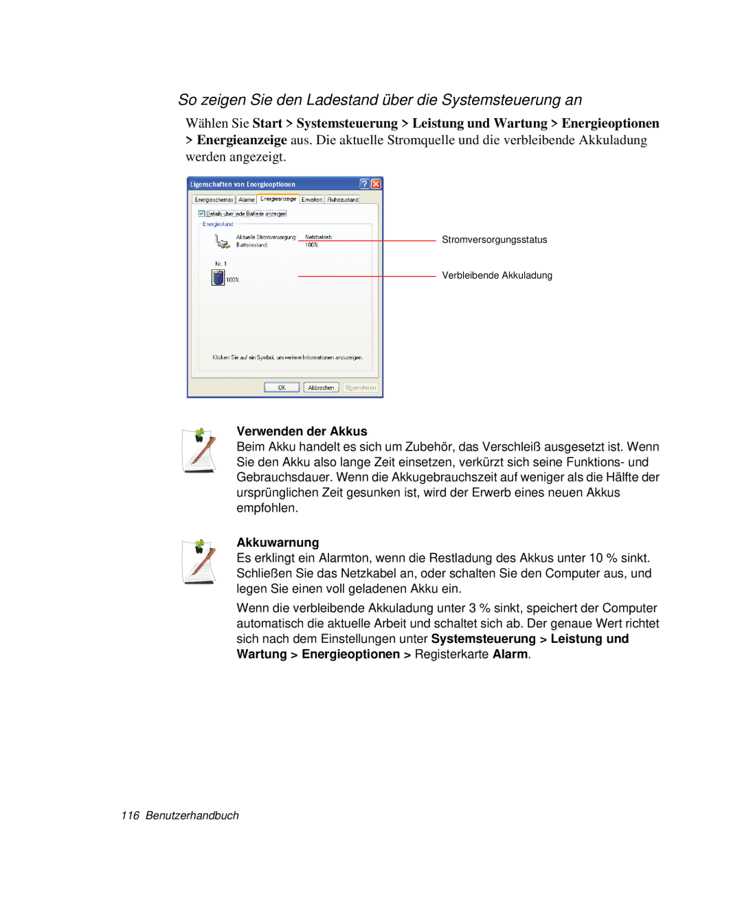 Samsung NP-X60TZ01/SEG manual So zeigen Sie den Ladestand über die Systemsteuerung an, Verwenden der Akkus, Akkuwarnung 