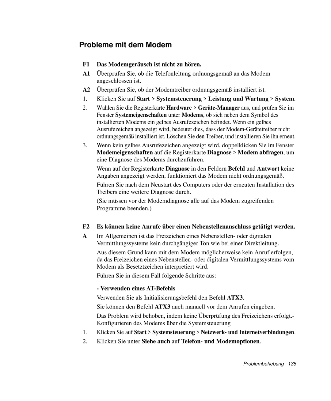 Samsung NP-X60CZ00/SEG manual Probleme mit dem Modem, F1 Das Modemgeräusch ist nicht zu hören, Verwenden eines AT-Befehls 