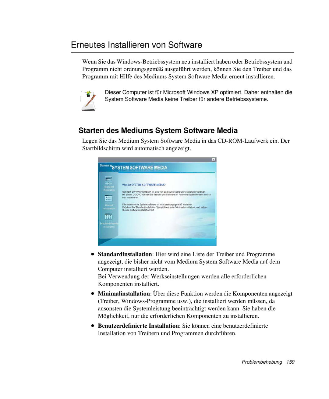 Samsung NP-X60CZ00/SEG, NP-X60TZ01/SEG manual Erneutes Installieren von Software, Starten des Mediums System Software Media 