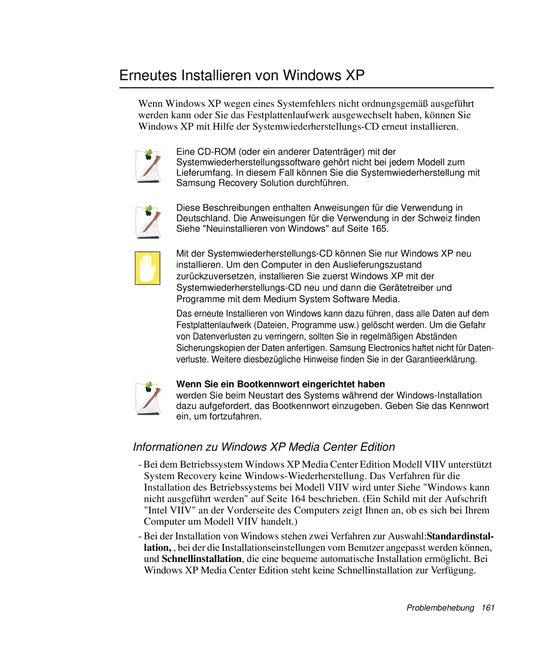 Samsung NP-X60TZ02/SEG manual Erneutes Installieren von Windows XP, Informationen zu Windows XP Media Center Edition 