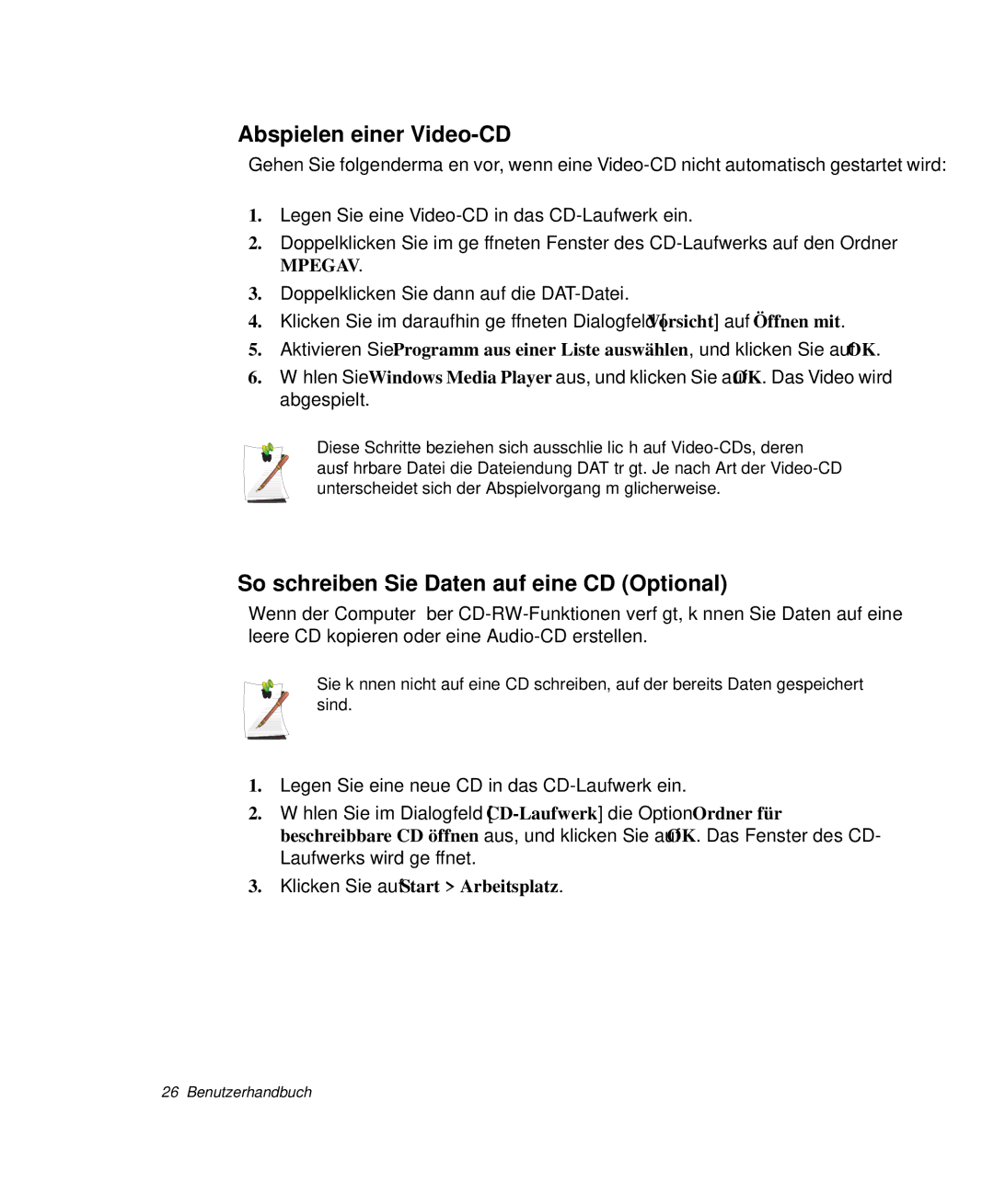 Samsung NP-X60TZ03/SEG, NP-X60TZ01/SEG manual Abspielen einer Video-CD, So schreiben Sie Daten auf eine CD Optional 