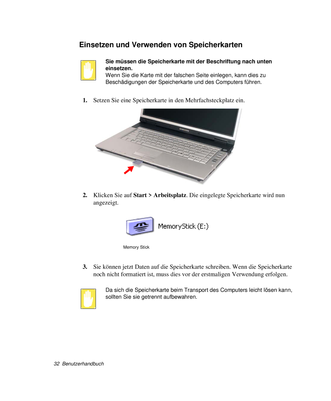 Samsung NP-X60TZ01/SEG, NP-X60TZ02/SEG, NP-X60TZ03/SEG, NP-X60CZ00/SEG manual Einsetzen und Verwenden von Speicherkarten 