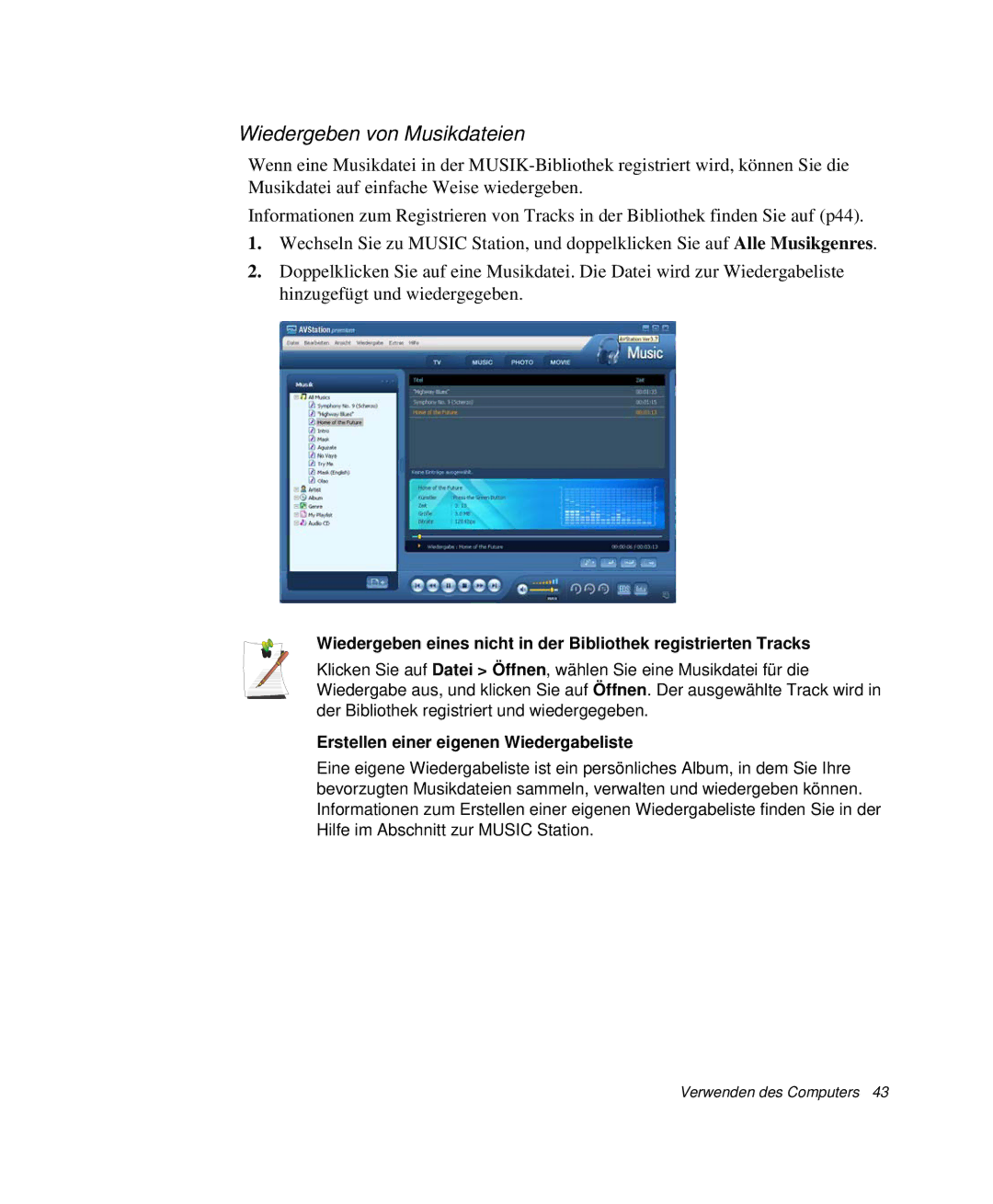 Samsung NP-X60CZ00/SEG, NP-X60TZ01/SEG manual Wiedergeben von Musikdateien, Erstellen einer eigenen Wiedergabeliste 