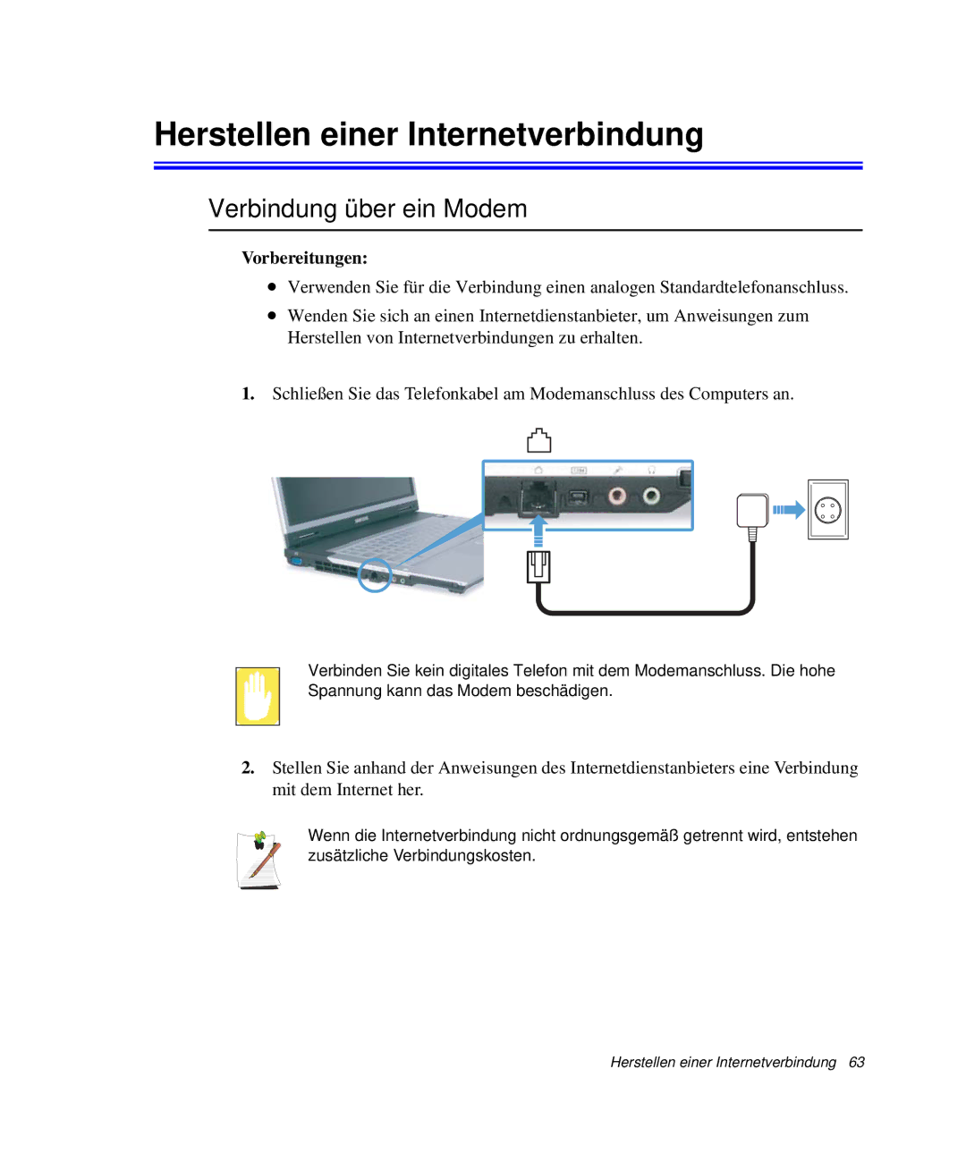 Samsung NP-X60CZ00/SEG, NP-X60TZ01/SEG manual Herstellen einer Internetverbindung, Verbindung über ein Modem, Vorbereitungen 