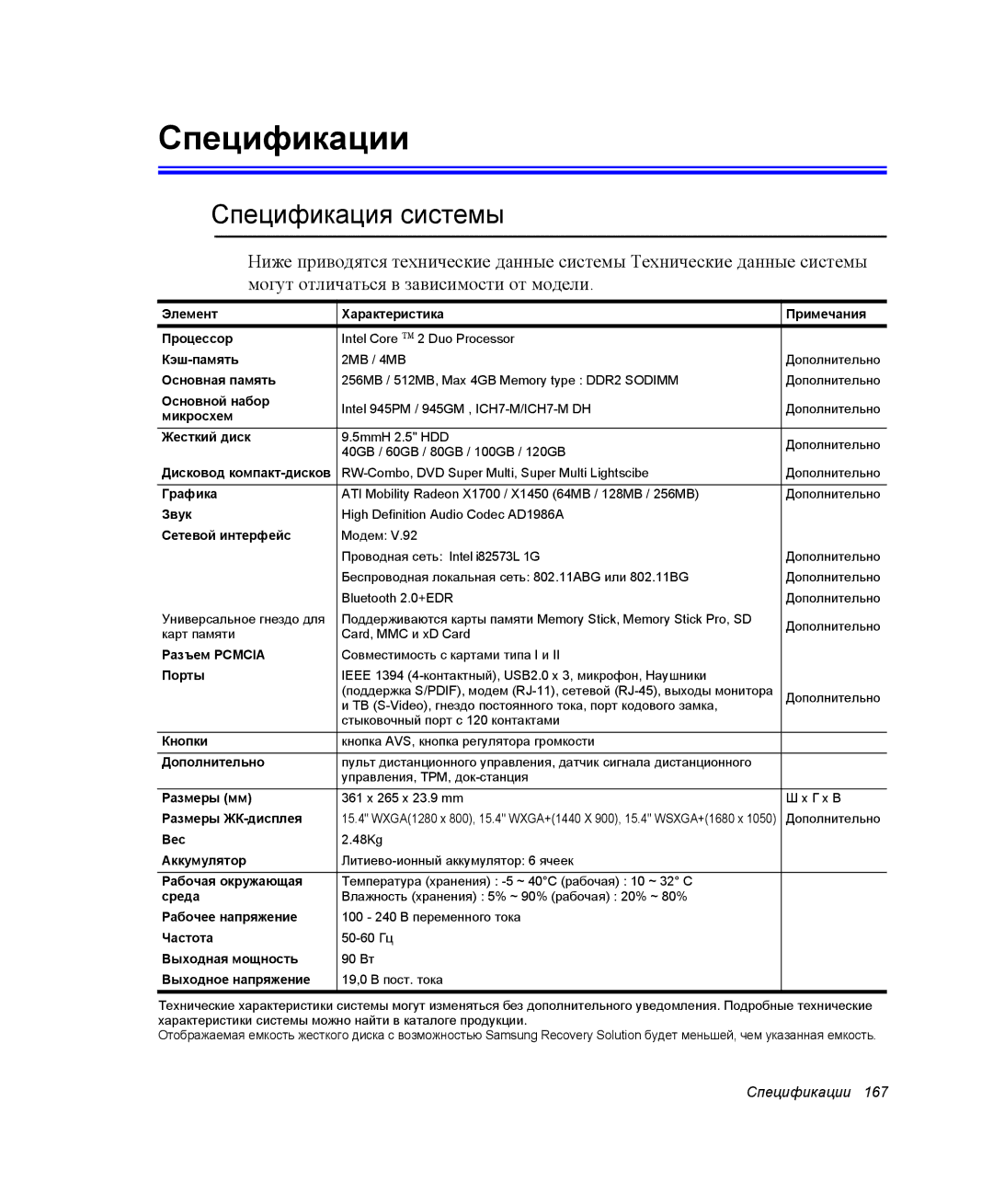 Samsung NP-X60TZ01/SEK, NP-X60TZ01/SER, NP-X60TZ03/SER manual Спецификации, Спецификация системы 