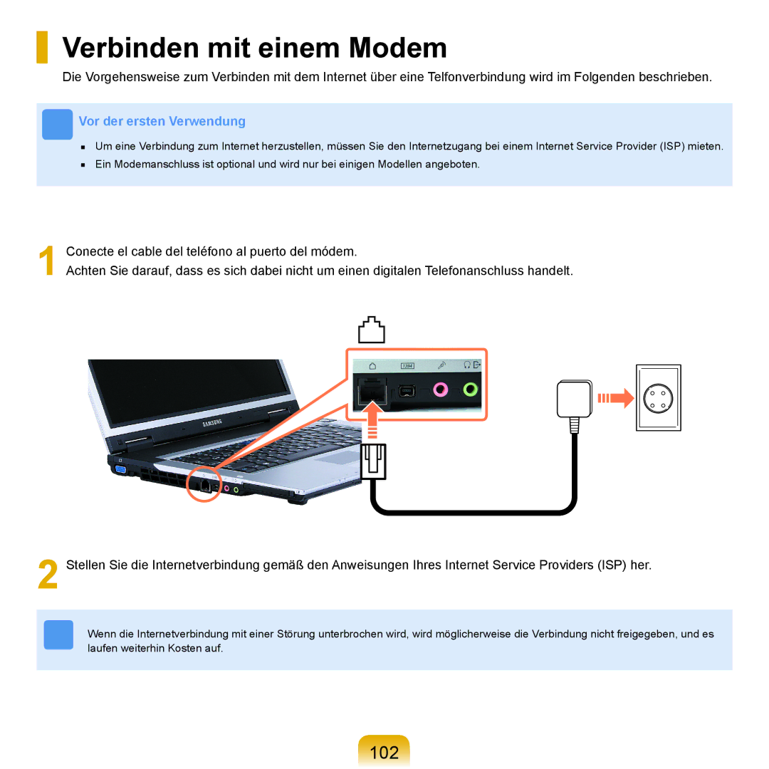 Samsung NP-X65T001/SEG, NP-X65A001/SEG, NP-X65T002/SEG, NP-X65A002/SEG, NP-X65A000/SEG manual Verbinden mit einem Modem, 102 