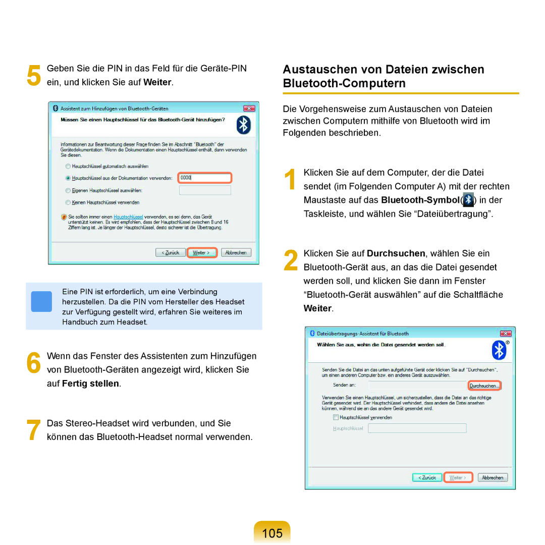 Samsung NP-X65T002/SEG, NP-X65A001/SEG, NP-X65A002/SEG manual 105, Austauschen von Dateien zwischen Bluetooth-Computern 