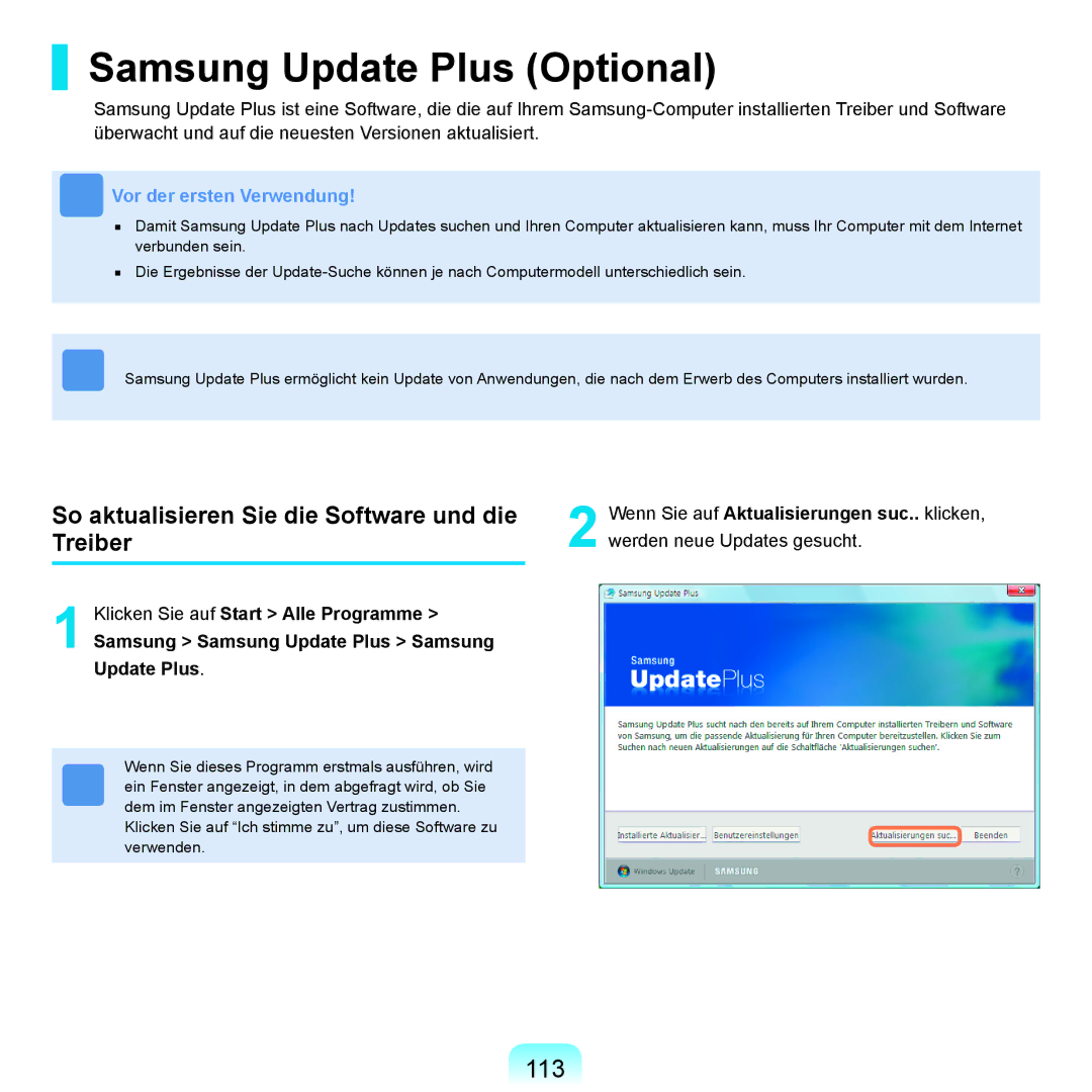 Samsung NP-X65A002/SEG manual Samsung Update Plus Optional, 113, So aktualisieren Sie die Software und die Treiber 