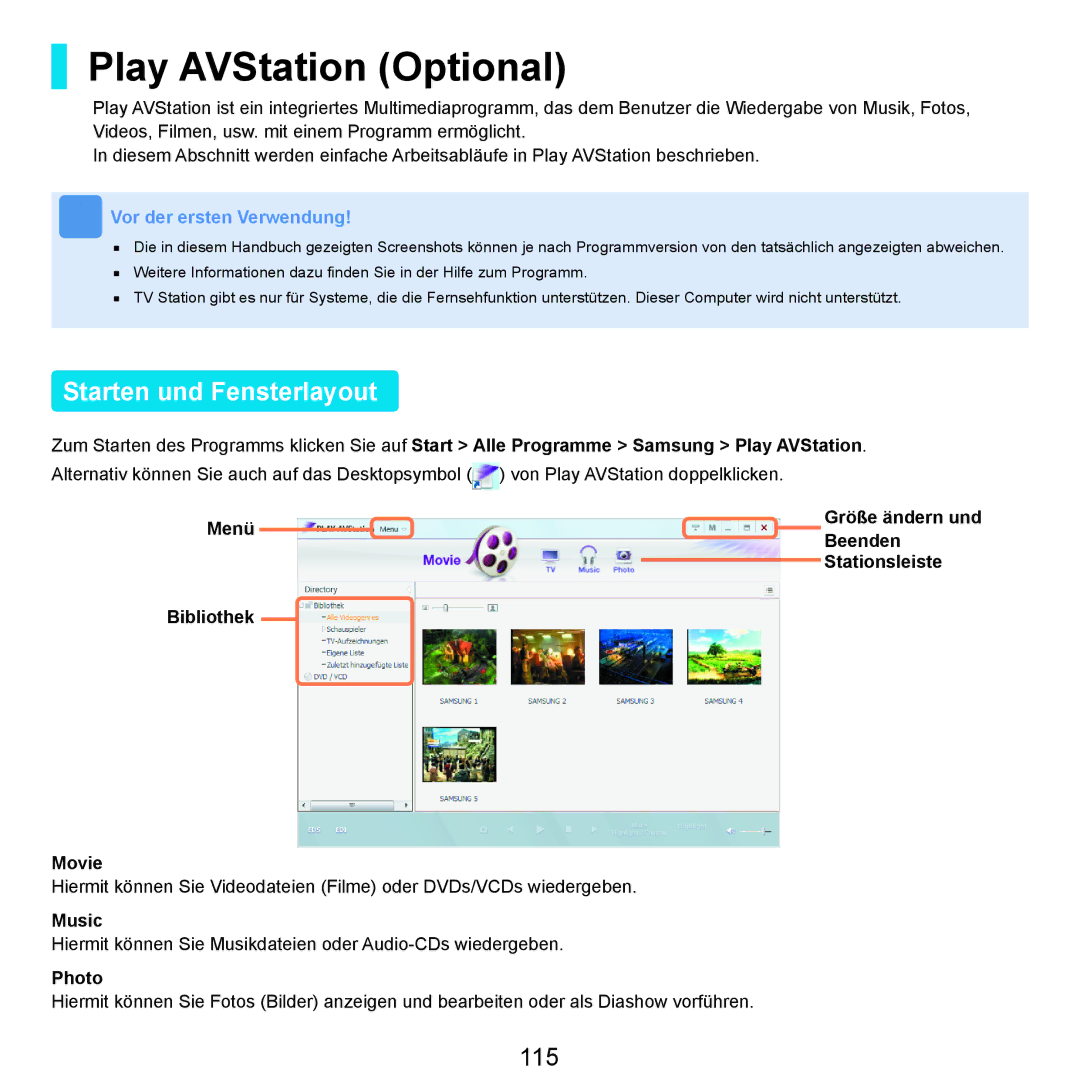 Samsung NP-X65T000/SEG, NP-X65A001/SEG, NP-X65T002/SEG manual Play AVStation Optional, Starten und Fensterlayout, 115 