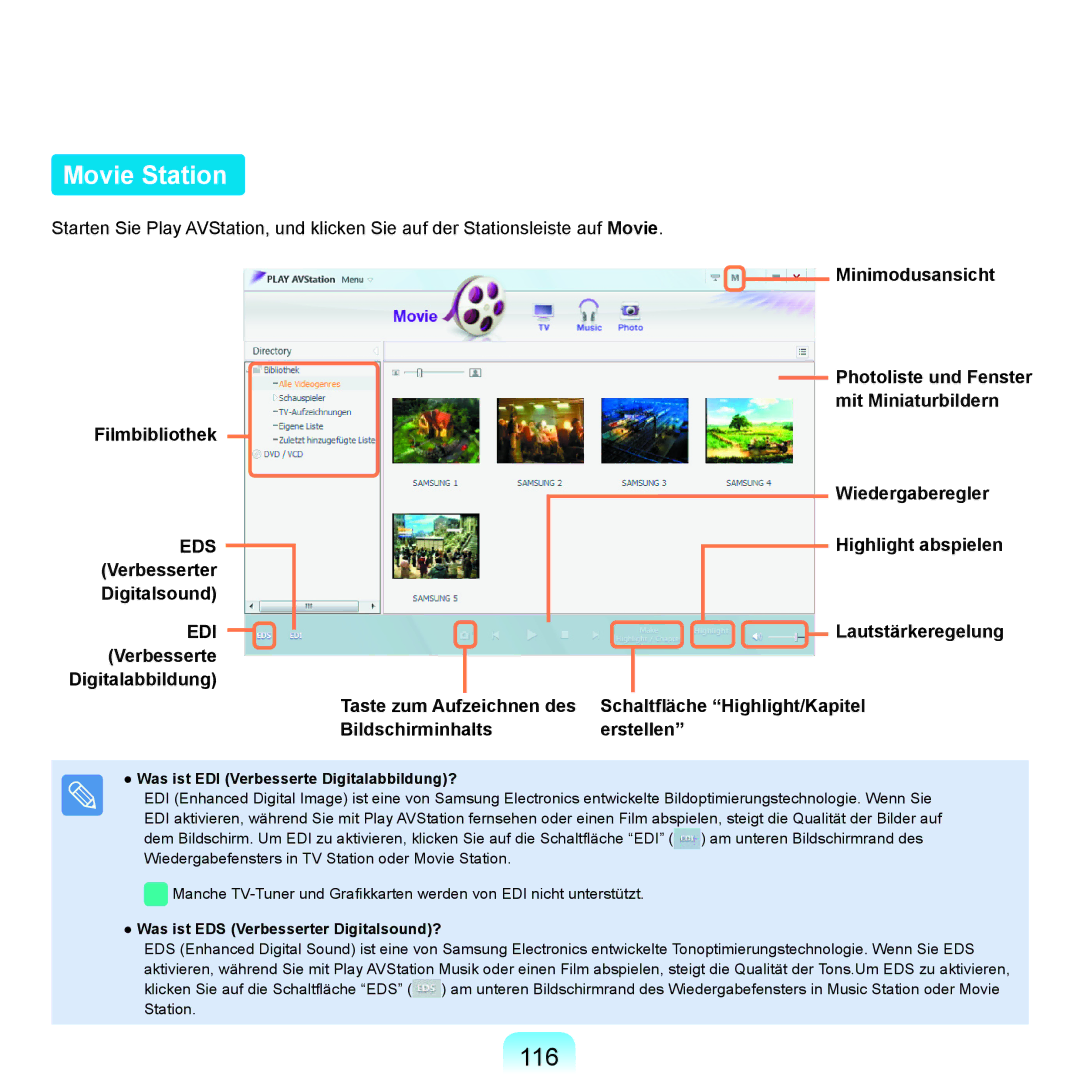Samsung NP-X65T001/SEG manual Movie Station, 116, Highlight abspielen, Verbesserter Digitalsound, Lautstärkeregelung 