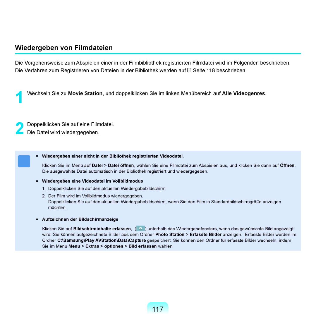 Samsung NP-X65A003/SEG, NP-X65A001/SEG manual 117, Wiedergeben von Filmdateien, Wiedergeben eine Videodatei im Vollbildmodus 