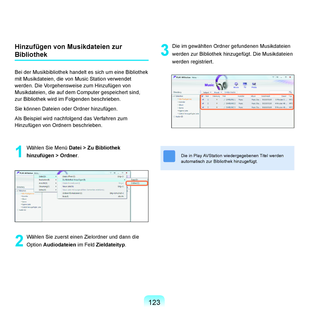 Samsung NP-X65T001/SEG, NP-X65A001/SEG, NP-X65T002/SEG, NP-X65A002/SEG manual 123, Hinzufügen von Musikdateien zur Bibliothek 