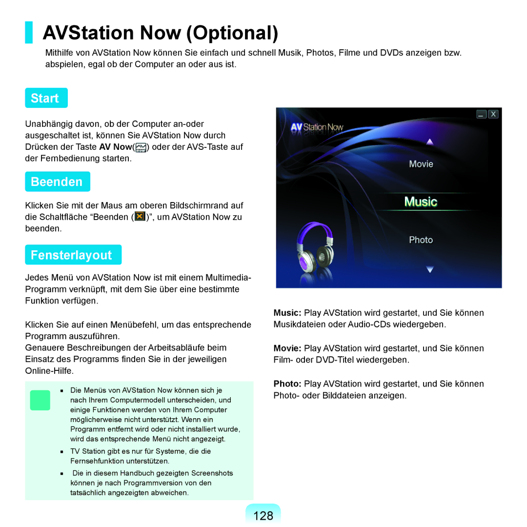 Samsung NP-X65A000/SEG, NP-X65A001/SEG, NP-X65T002/SEG manual AVStation Now Optional, Start, Beenden, Fensterlayout, 128 