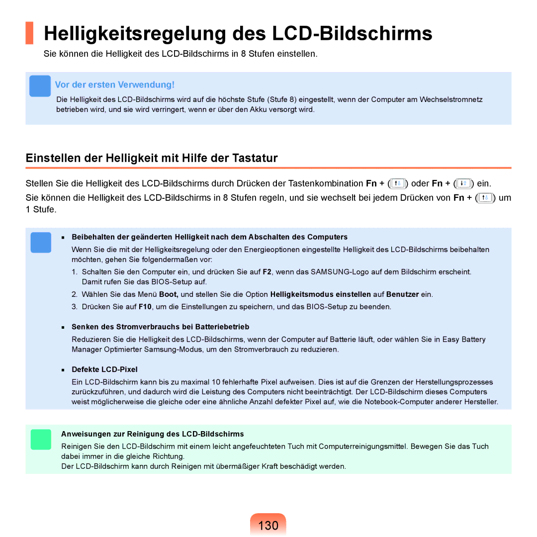 Samsung NP-X65T001/SEG Helligkeitsregelung des LCD-Bildschirms, 130, Einstellen der Helligkeit mit Hilfe der Tastatur 