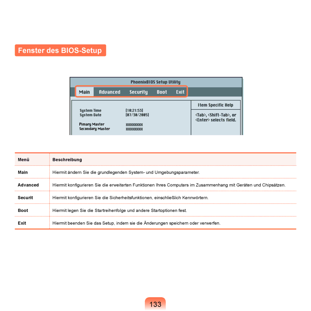 Samsung NP-X65T002/SEG, NP-X65A001/SEG manual Fenster des BIOS-Setup, 133, Menü Main Advanced Securit Boot Exit Beschreibung 