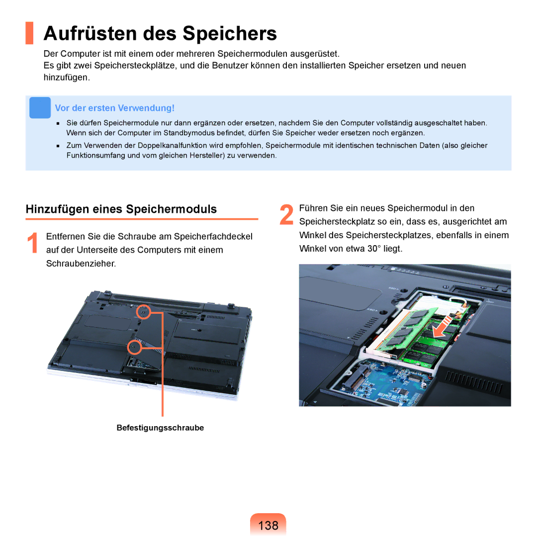 Samsung NP-X65A003/SEG, NP-X65A001/SEG, NP-X65T002/SEG manual Aufrüsten des Speichers, 138, Hinzufügen eines Speichermoduls 