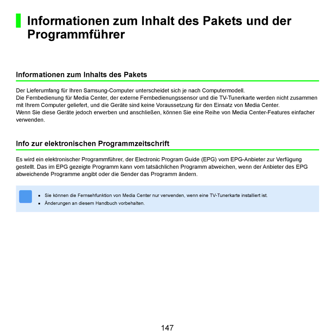 Samsung NP-X65T002/SEG, NP-X65A001/SEG, NP-X65A002/SEG manual Informationen zum Inhalt des Pakets und der Programmführer, 147 