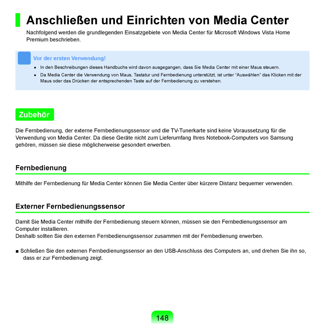 Samsung NP-X65A002/SEG, NP-X65A001/SEG manual Anschließen und Einrichten von Media Center, Zubehör, 148, Fernbedienung 