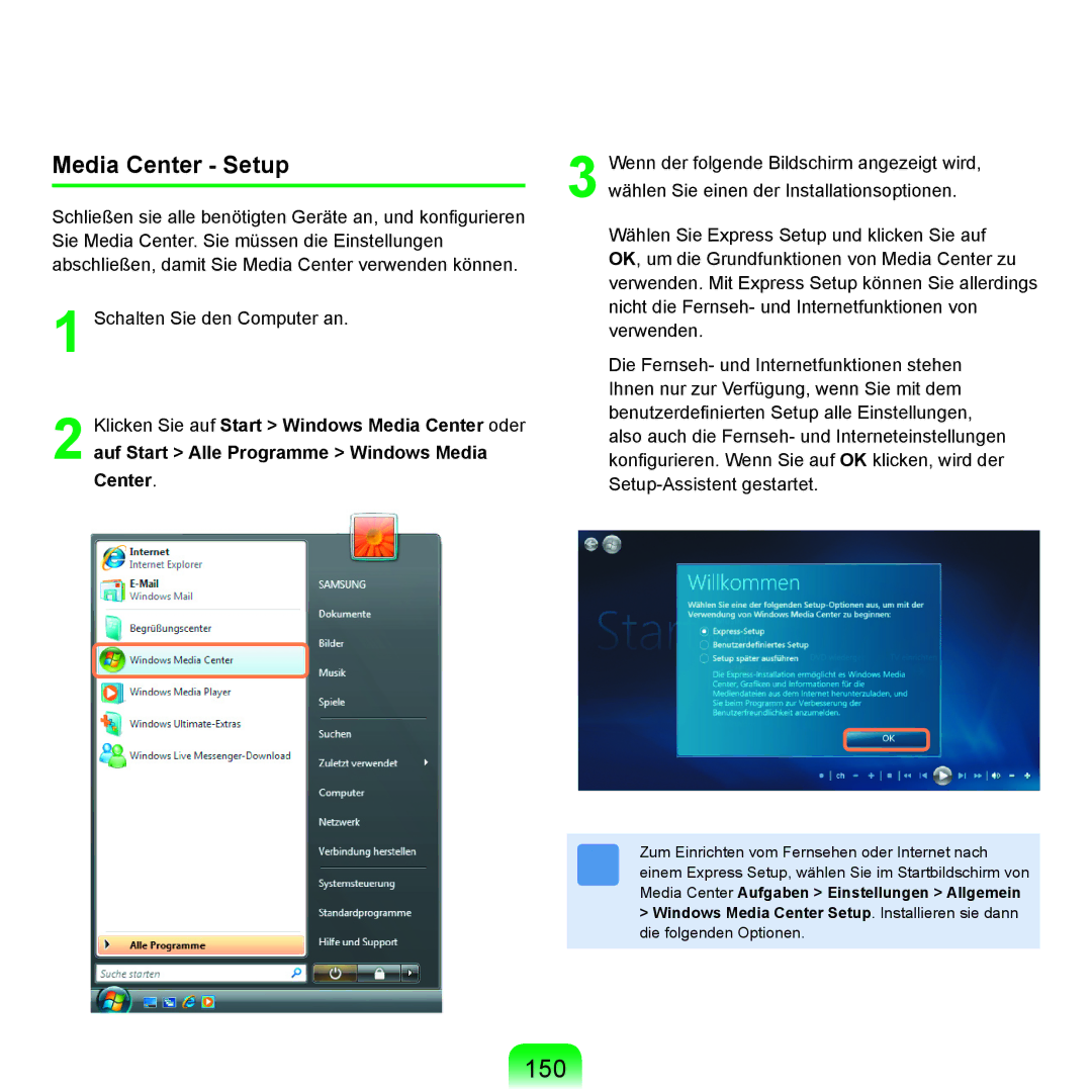 Samsung NP-X65T000/SEG, NP-X65A001/SEG, NP-X65T002/SEG, NP-X65A002/SEG, NP-X65A000/SEG, NP-X65T001/SEG 150, Media Center Setup 